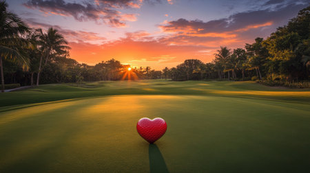 A vibrant heart-shaped golf ball rests on a lush green course at sunset. The scene captures tranquility, love, and the beauty of nature in the evening light.の素材