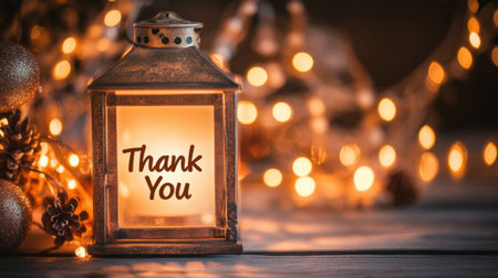 A beautifully lit lantern displaying a heartfelt "Thank You" message. Soft glowing lights and festive decorations create a warm atmosphere perfect for expressing gratitude.の素材