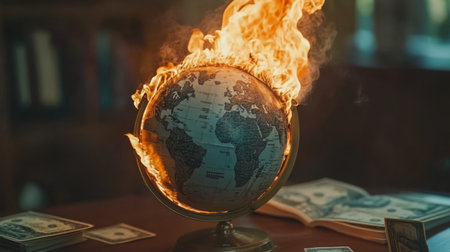 A burning globe placed on a table represents the urgent climate crisis. Flames engulf the world, highlighting environmental concerns and the impact on our planet.の素材