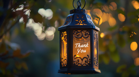 A beautifully crafted lantern glowing softly with a heartfelt "Thank You" message, surrounded by a serene evening backdrop and warm bokeh lights, perfect for expressing appreciation.の素材