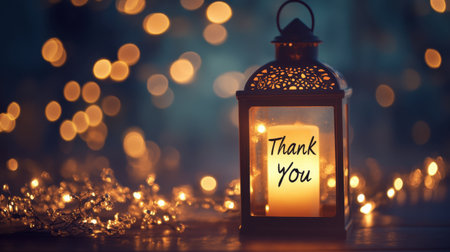 A warm lantern featuring a candle and a heartfelt "Thank You" message creates a cozy, inviting atmosphere perfect for gratitude and celebration.の素材