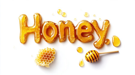 Eye-catching image featuring the word "Honey" crafted from golden syrup, accompanied by honeycomb and a drizzler, highlighting its sweet nature.の素材