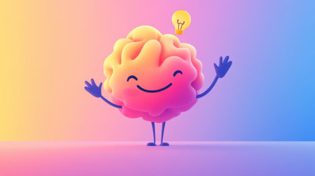 This vibrant illustration features a happy brain character with a light bulb, symbolizing creativity and bright ideas in a fun and playful way. Ideal for educational or mental health themes.の素材