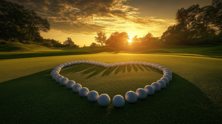 A beautiful heart shape formed by golf balls on a lush green course, illuminated by a warm sunset. This creative arrangement captures the spirit of love and leisure in sports.の素材