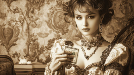 A stunning portrait of an elegant woman in vintage attire, holding a dollar bill. The sepia tone enhances the historical charm and beauty of the scene.の素材