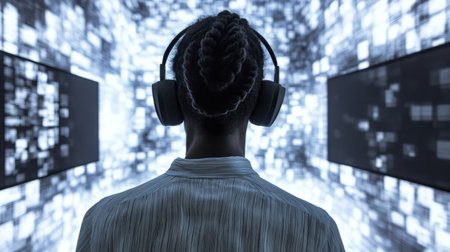 A person wearing headphones stands against an abstract digital backdrop. The visuals create an immersive experience, highlighting the blend of technology and creativity.の素材