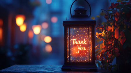A charming lantern emits a warm glow with a heartfelt "Thank You" message, set against a blurred evening backdrop. Ideal for expressing gratitude.の素材