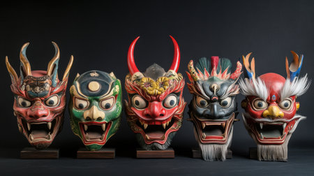 This striking image showcases a collection of colorful traditional masks, featuring intricate designs and vibrant colors. Perfect for cultural or artistic themes.の素材