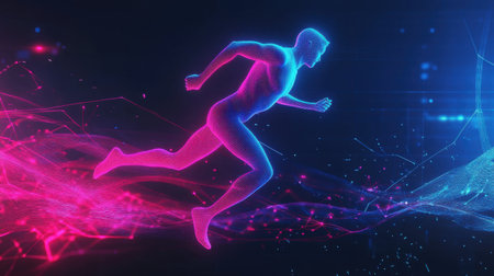 A vibrant digital illustration of a running figure in neon colors, showcasing speed and energy. The abstract background enhances the futuristic feel, perfect for technology and fitness themes.の素材