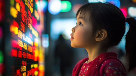 A young girl gazes in awe at a vibrant light display, showcasing the wonder of childhood amidst an urban scene, capturing emotions of joy, curiosity, and imagination.の素材