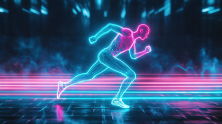A vibrant neon silhouette of a runner captures the essence of speed and energy. This futuristic depiction showcases motion on an advanced track, inspiring fitness and movement.の素材
