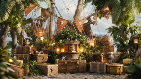 A vibrant pirate treasure cove filled with wooden chests, glowing lanterns, and skull decorations, set against a tropical backdrop for adventurous exploration.の素材