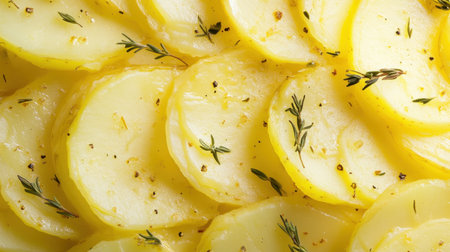 Close-up view of sliced yellow potatoes garnished with thyme and seasoning, showcasing their texture and vibrant color. Ideal for healthy cooking.の素材