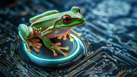 A stunning macro photograph of a vibrant green frog with striking red eyes, perched atop a technological circuit board, showcasing the blend of nature and innovation.の素材