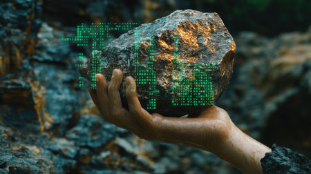 A hand holds a rocky mineral with a glowing green digital overlay of data codes. This image symbolizes the intersection of nature and technology.の素材