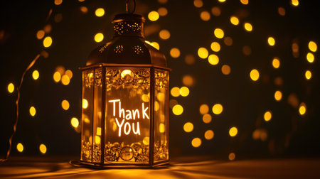 A beautifully crafted lantern displaying a heartfelt "Thank You" message, surrounded by enchanting bokeh lights, creating a warm and inviting atmosphere perfect for celebrations and gratitude.の素材