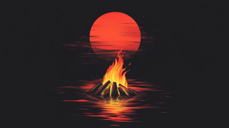 This captivating image features a bright campfire at night, surrounded by calm water and a stunning red sun setting on the horizon, creating a peaceful ambiance.の素材