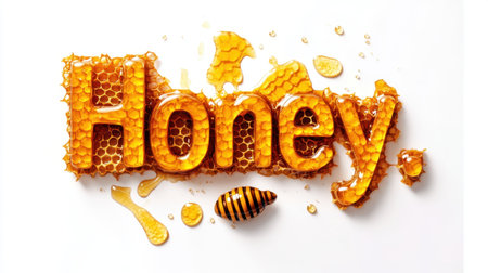 Stunning visual of the word "Honey" crafted from honeycomb, surrounded by sticky honey droplets and a bee, showcasing the beauty of nature's sweet nectar.の素材