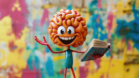 A vibrant cartoon brain character joyfully reading a book, surrounded by a colorful background. This playful design symbolizes learning, creativity, and fun.の素材