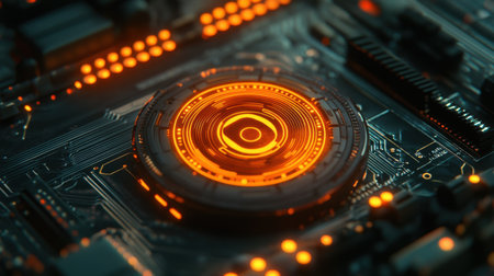 A close-up view of a futuristic electronic circuit board featuring glowing orange elements. This vibrant imagery symbolizes technology, innovation, and digital advancement.の素材