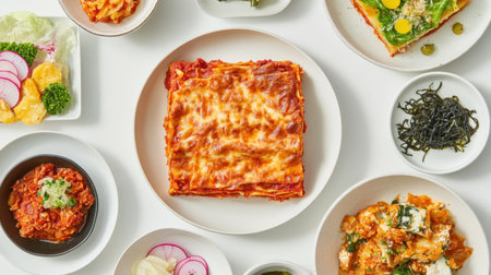 A vibrant array of delicious dishes including lasagna, salads, and sides artfully arranged on a white table, celebrating diverse culinary traditions and flavors.の素材