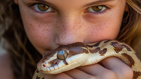 A young girl with striking eyes and freckles gently holds a boa constrictor snake, showcasing a unique bond with nature and wildlife. The image captures curiosity, innocence, and affection.の素材