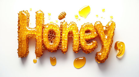 This vibrant image features the word "Honey" creatively crafted from honeycomb, with golden honey dripping around it. Perfect for culinary projects.の素材