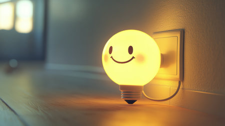 This charming light bulb features a smiling face and emits a warm glow, perfect for enhancing cozy interior spaces and creating a joyful atmosphere.の素材