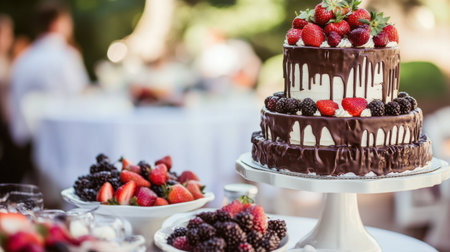 A stunning outdoor display featuring an elegant chocolate cake adorned with fresh strawberries and blackberries, perfect for celebrations and events.の素材