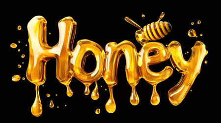 Vibrant golden honey drips from the word "Honey," featuring a charming bee. The image captures the essence of sweetness, nature, and culinary delight.の素材