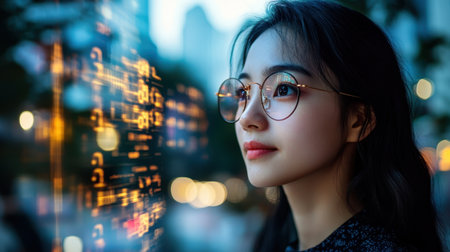 A thoughtful young woman with glasses gazes at city lights and digital data, capturing the essence of innovation and modern lifestyle in an urban setting.の素材