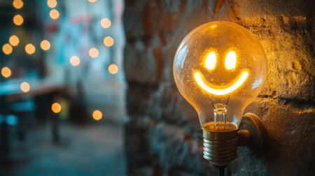 This vibrant light bulb features a cheerful smile design, creating a warm and inviting atmosphere. Ideal for enhancing cozy interior spaces with a touch of joy.の素材