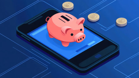 A piggy bank on a smartphone screen, surrounded by coins, demonstrating mobile financial apps and savings management.の素材