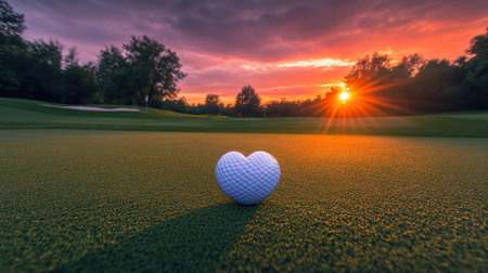 A heart-shaped golf ball rests on lush green grass, illuminated by a stunning sunset. The vibrant sky and tranquil atmosphere create a perfect moment for golf lovers.の素材