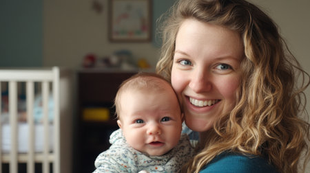 A joyful mother holds her smiling baby in a bright nursery, capturing a heartwarming moment of love and connection. The soft light enhances their expressions.の素材