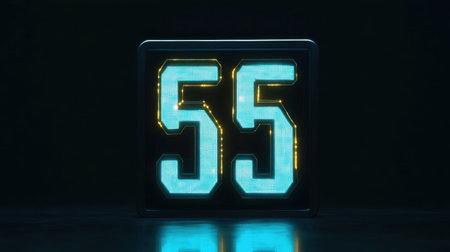 A striking digital countdown timer showcasing the bright blue number fifty-five on a dark background. Perfect for technology and time-related themes.の素材