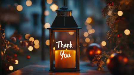 A warm lantern with a thank you message enhances a cozy holiday atmosphere. Sparkling lights and festive decorations create a joyful setting for appreciation.の素材