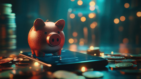 A shimmering golden piggy bank rests on a smartphone screen, surrounded by scattered coins and illuminated by soft lights, symbolizing modern finance and savings.の素材