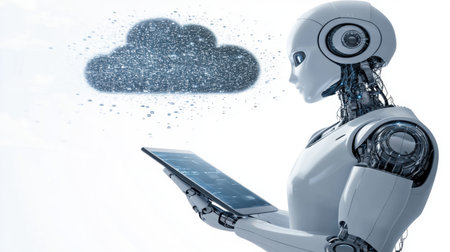 A futuristic robot analyzes data on a tablet while observing cloud information. This image represents the integration of AI in technology, showcasing innovation and data-driven solutions.の素材