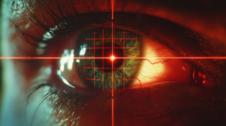 A striking close-up image of a human eye featuring a laser targeting system, showcasing the intricate details of the iris and pupil with vibrant colors and cutting-edge technology.の素材