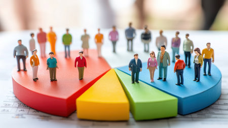 Miniature figurines representing various demographic groups, displayed with a colorful pie chart showing data segmentation and analysisの素材