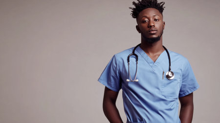 A confident male healthcare worker in blue scrubs stands tall. He wears a stethoscope around his neck, showcasing professionalism and dedication to patient care.の素材