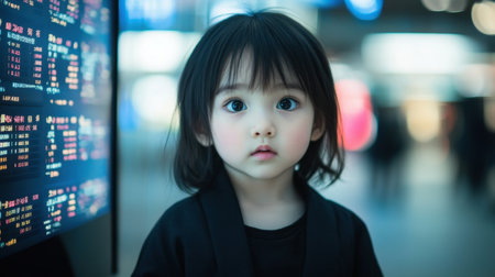 A captivating portrait of a curious child with soft features, set against a modern urban backdrop. The image evokes feelings of innocence and wonder.の素材