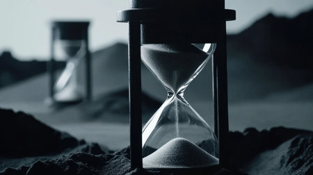 A dark and minimalist composition of an hourglass in a sandy landscape, symbolizing the passage of time and moments of reflection. The contrasting textures create a serene and contemplative atmosphere.の素材