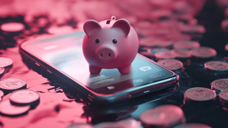 A pink piggy bank sits atop a smartphone, surrounded by coins, representing the intersection of modern finance and savings strategies in a digital age.の素材