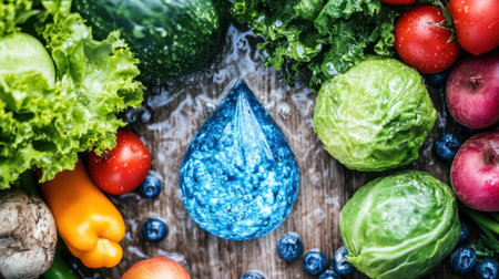 A vibrant arrangement of fresh vegetables surrounded by a blue water drop on a rustic wooden surface, showcasing healthy eating and natural ingredients.の素材