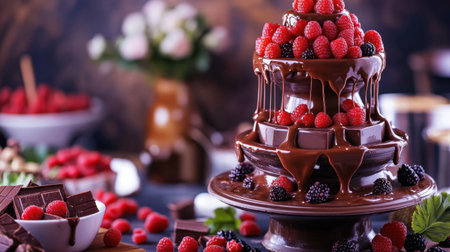 A decadent chocolate fondue fountain surrounded by fresh raspberries and blackberries. Perfect for events, parties, or special celebrations, this mouthwatering dessert captures indulgence and joy.の素材