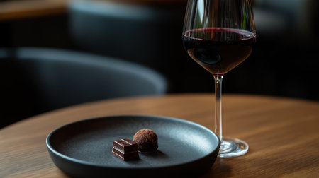 A refined setting featuring a dark chocolate truffle beside a glass of red wine on a wooden table, perfect for a gourmet indulgence or quiet moment.の素材