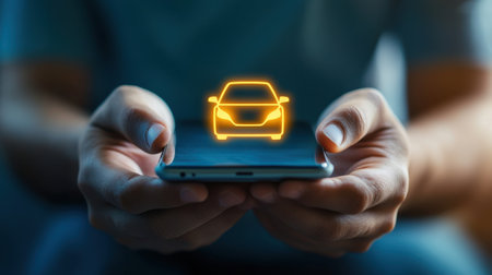 A person interacts with a smartphone displaying a digital car icon in augmented reality. The image captures the blend of technology and transportation in a modern context.の素材
