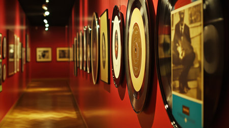 Explore a vibrant gallery showcasing vintage vinyl records elegantly displayed against a striking red wall, perfect for music and art enthusiasts.の素材